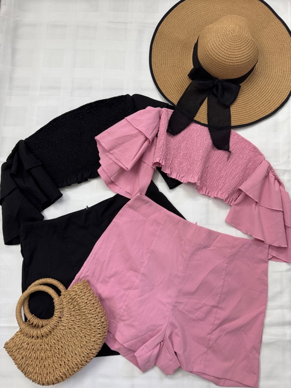 NWOT. 2 SETS Pink & Black Ruffle Off-Shoulder Crop Top and shorts with zipper.